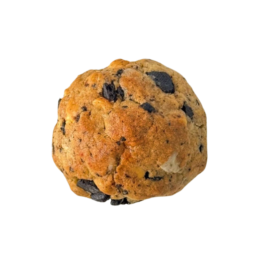 Single cookie with visible chocolate chips on a white background